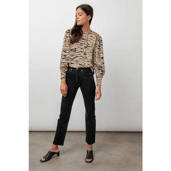 Rails Rozz Canyon Gold Black Animal Stripe Satin Puff Sleeve Blouse Womens Small - Picture 16 of 16